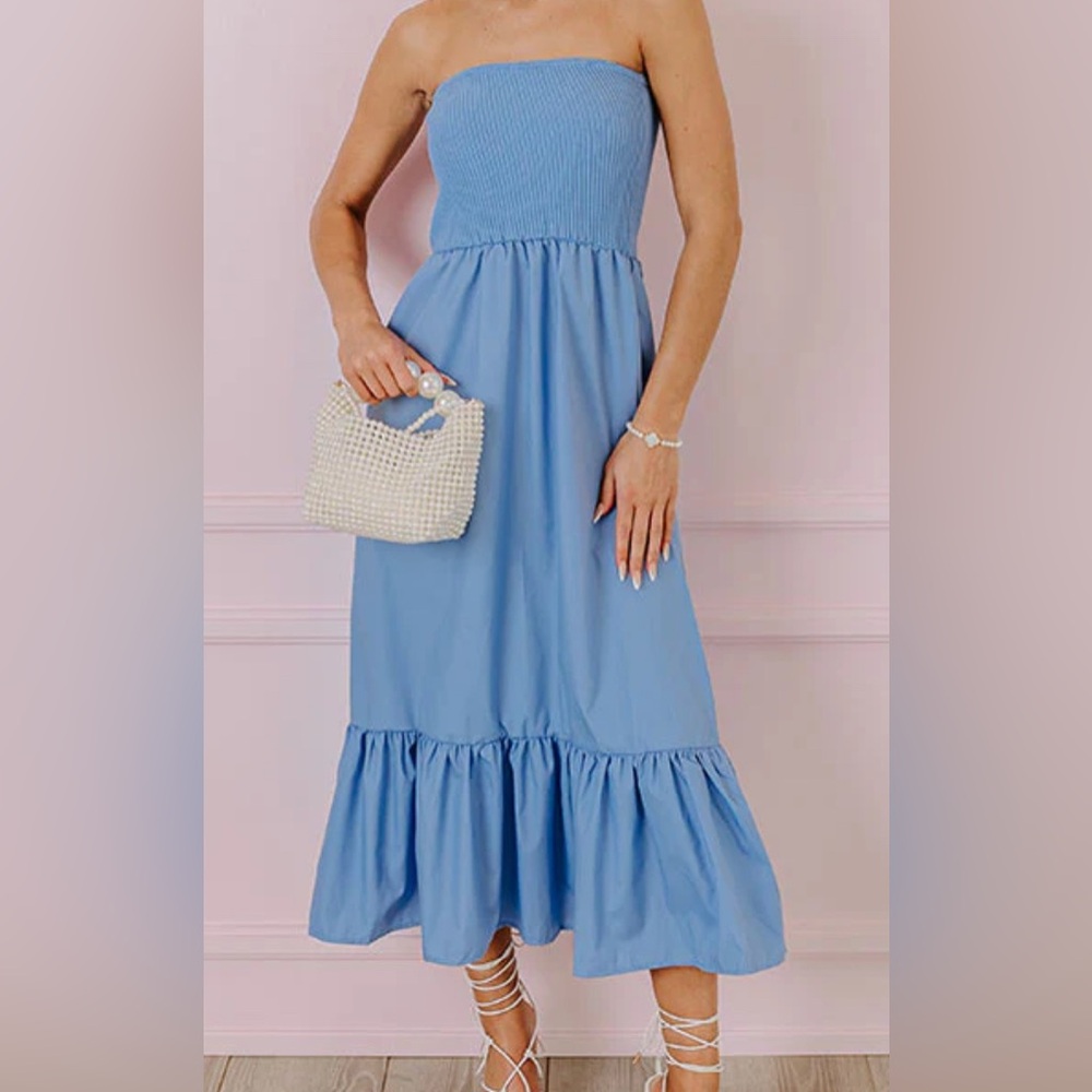 Strapless Blue Midi Dress